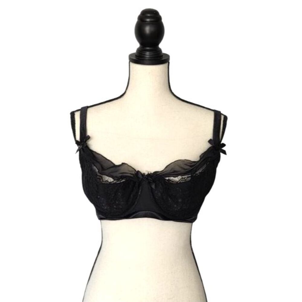 Cacique Black Lace Balconette Bra 40DD Underwire Sheer Floral Bow Detail